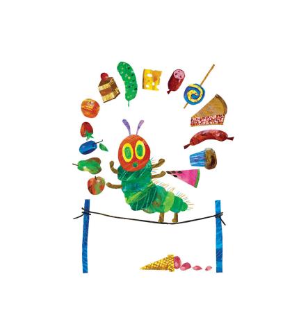 Eric Carle's Very Hungry Caterpillar on a tightrope juggling a var