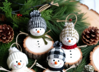 Christmas ornament with melted snowman painted on wooden round