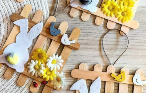 Pop cycle stick fence with felt bunny and fabric flowers