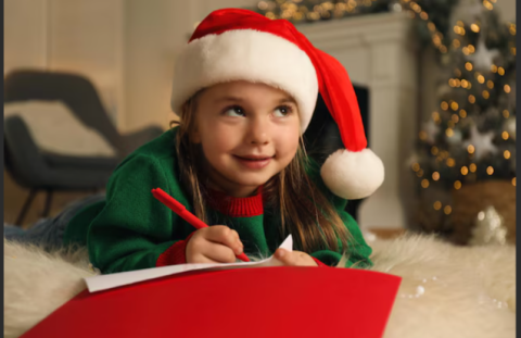 Child in Santa Hat Writing Letters to Santa