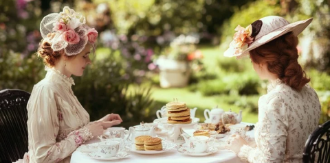 two ladies sitting in a garden drinking tea and having snacks
