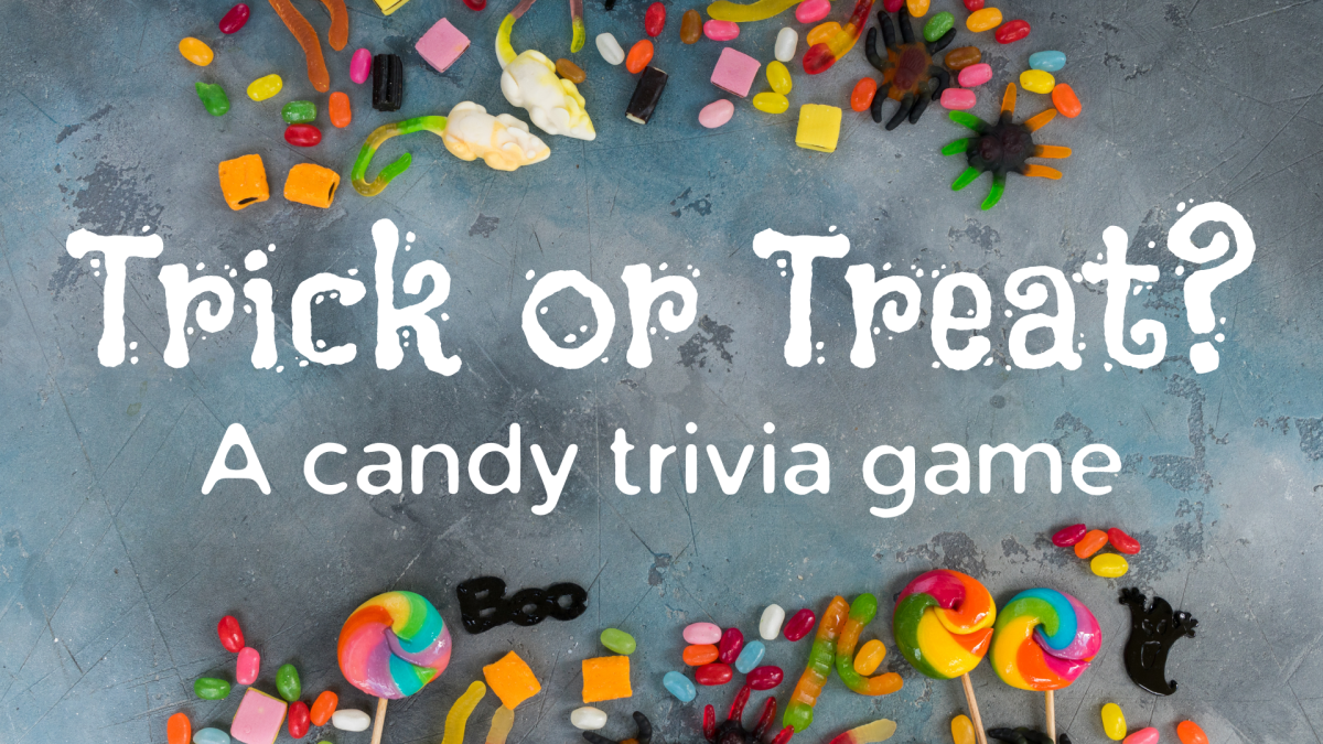 A gray background with scattered pieces of candy and the words "Trick or Treat? A candy trivia game."