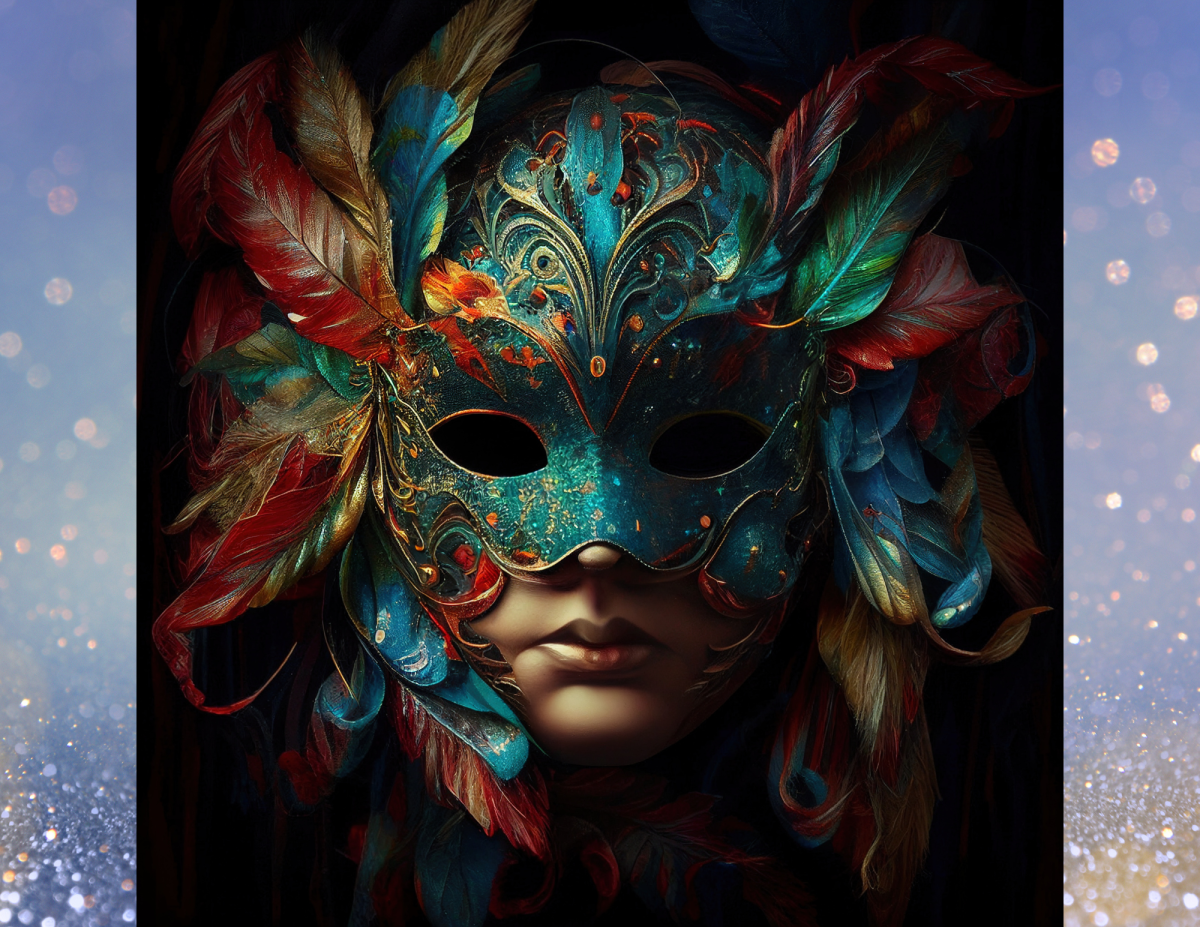 A decorative mask on a sparkling background.