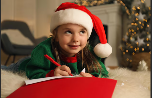 Child in Santa Hat Writing Letters to Santa
